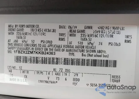 2019 Ford Transit-350 Xlt from USA, damaged, VIN 1FBZX2ZM7KKB24363